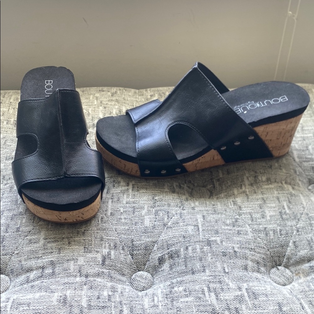 Boutique Black Leather Mules with Cork Wedge